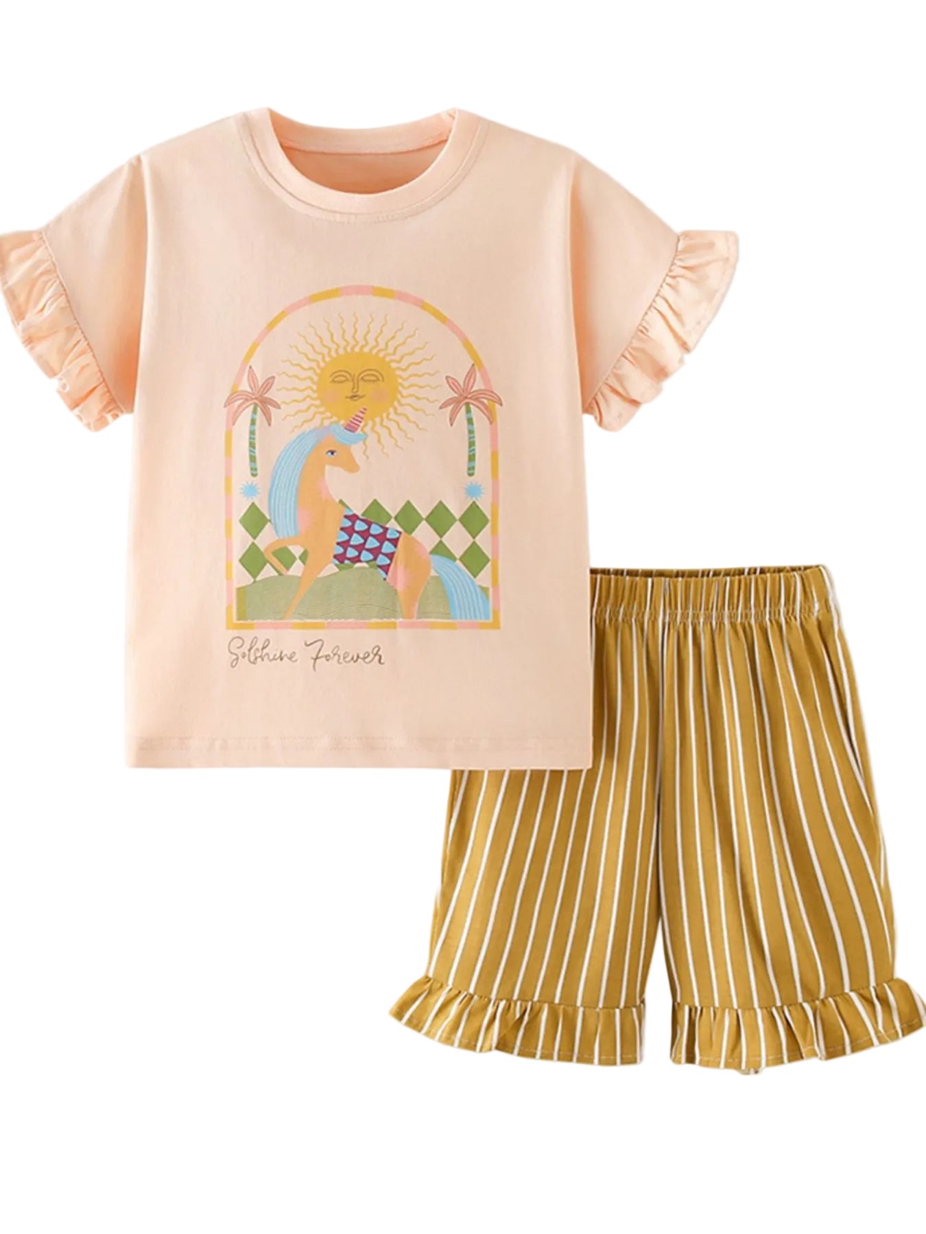 Children's outfit with peach top and yellow striped shorts on a white background