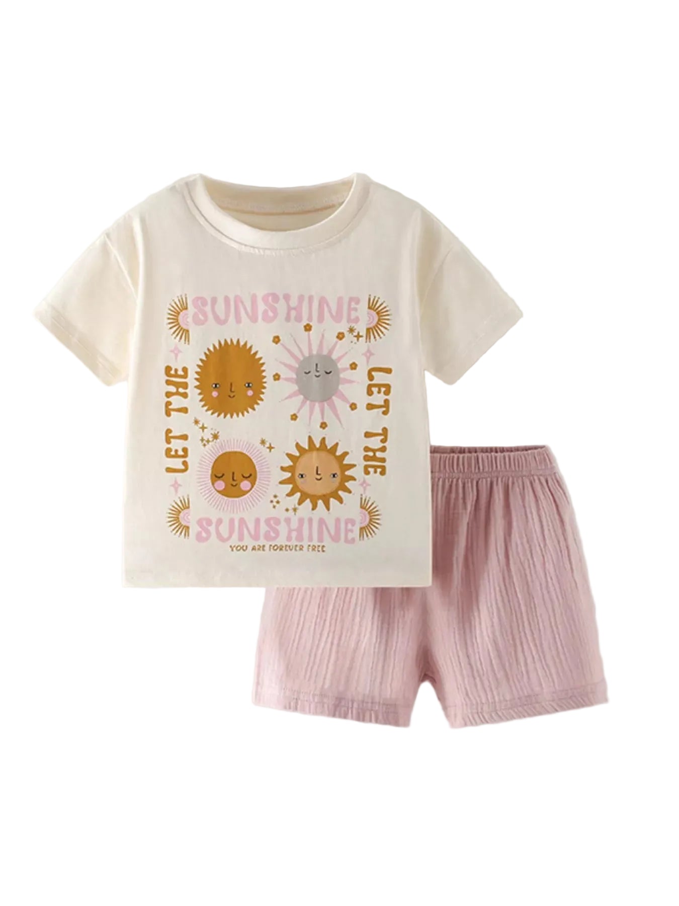 Children's outfit with a t-shirt and shorts on a white background