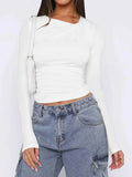 Ruched Asymmetrical Neck Long Sleeve T-Shirt