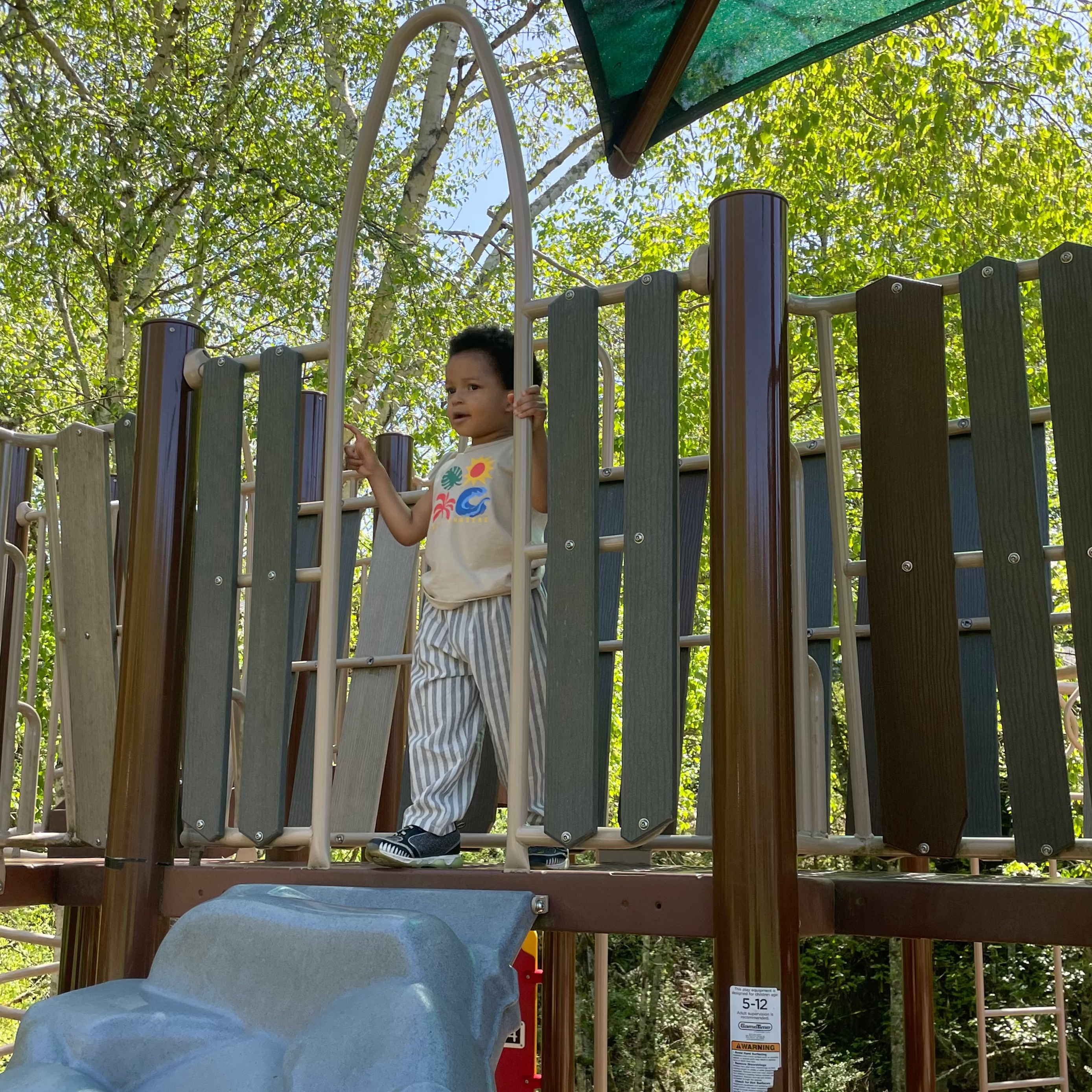 Child playing on a playground structure with trees in the background