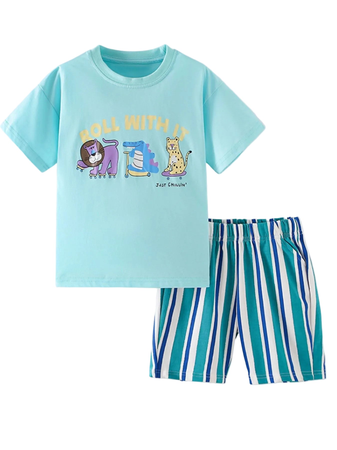 Children's outfit with light blue t-shirt and striped shorts on a white background