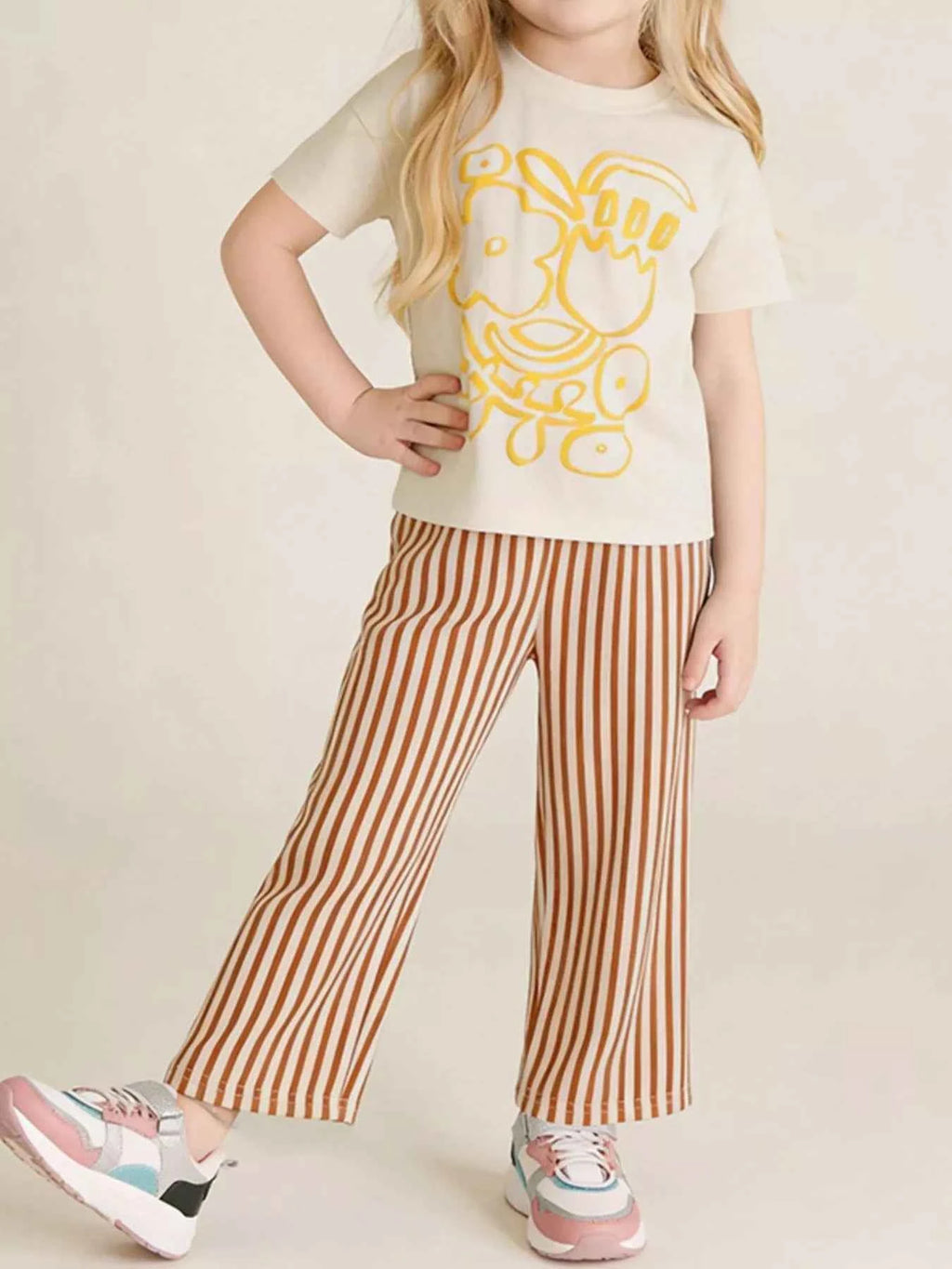 70's vibe Graphic Tee & Striped Pants Set – Casual Cotton Outfit for Kids