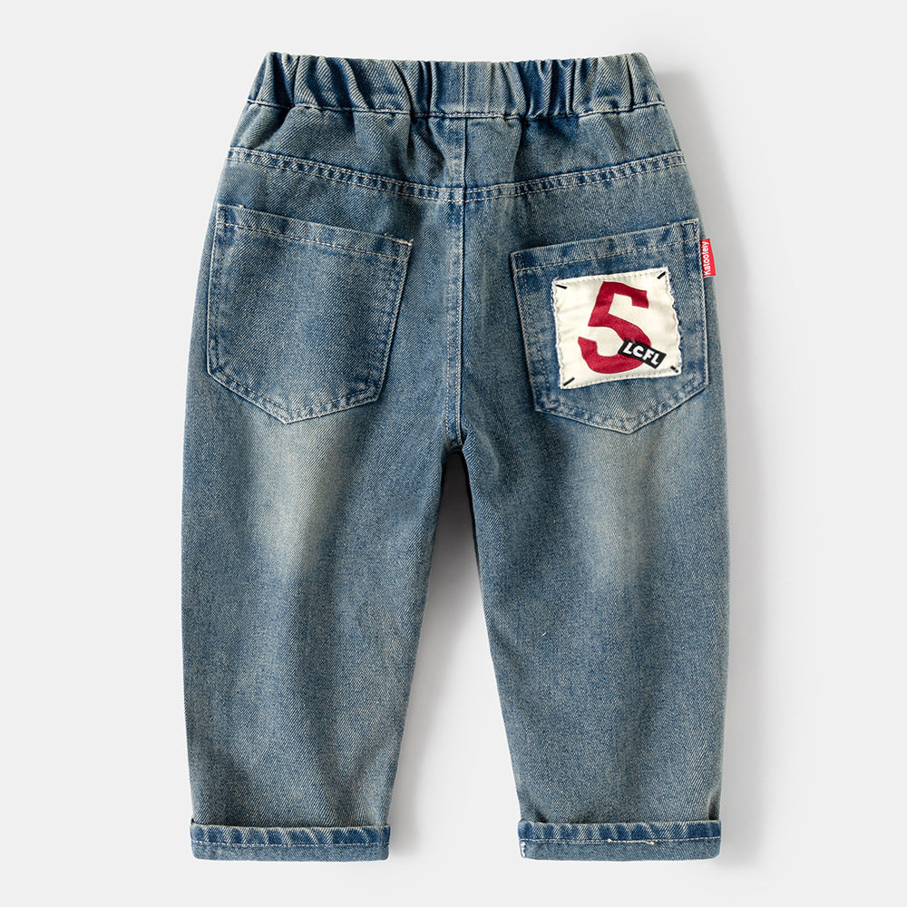 Casual  Solid Color Denim Pants for Boys, Mid to Large Kids, Long Sleeve, Regular Fit