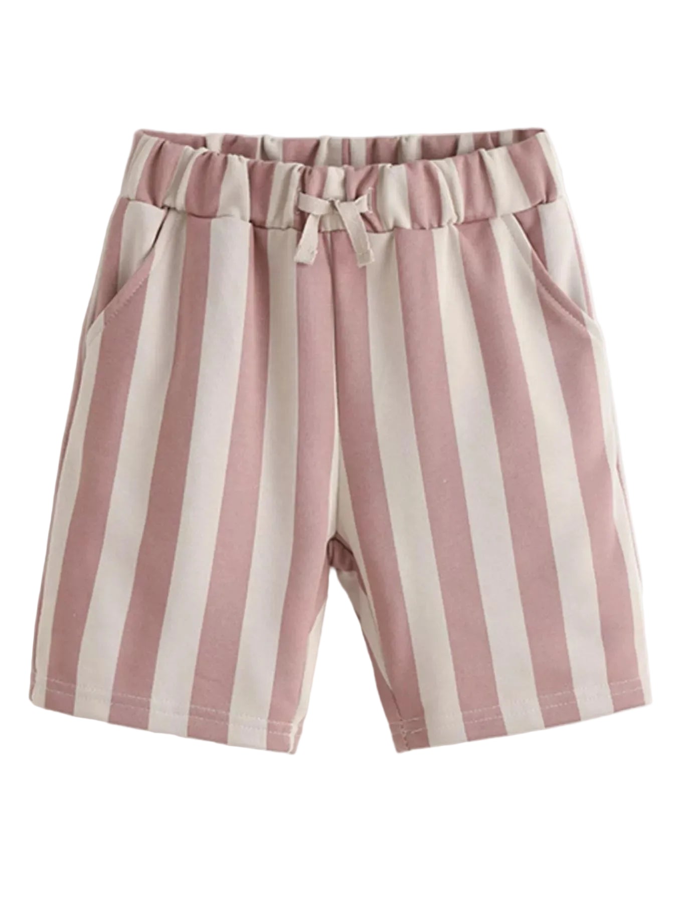 Pink and white striped shorts on a light gray background