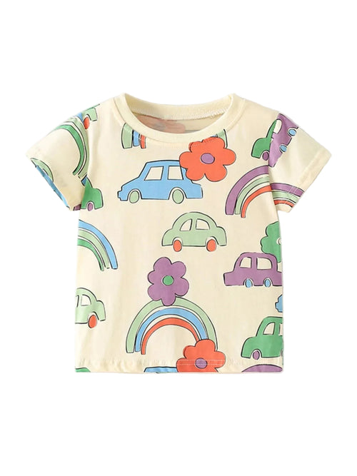 Cartoon Car & Rainbow Print Short Sleeve T-Shirt - Soft Kids Everyday Wear 