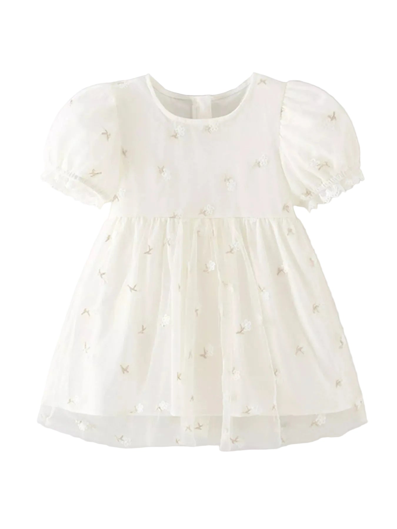 Children's Embroidered Floral Tulle Dress with Lace Detail on white background