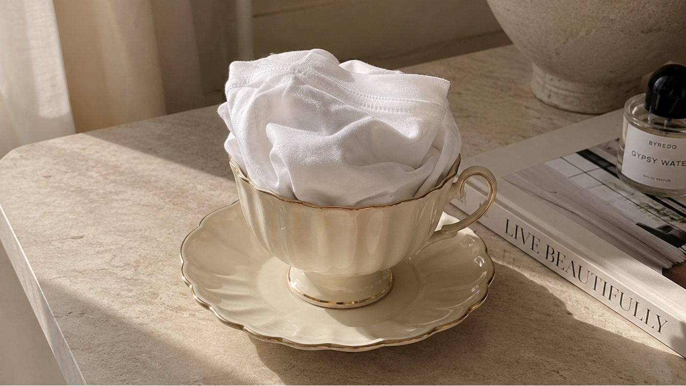 A white fabric face mask or bandana is draped inside an off-white ceramic teacup with a matching saucer, styled on a beige stone surface next to a book and a small bottle.