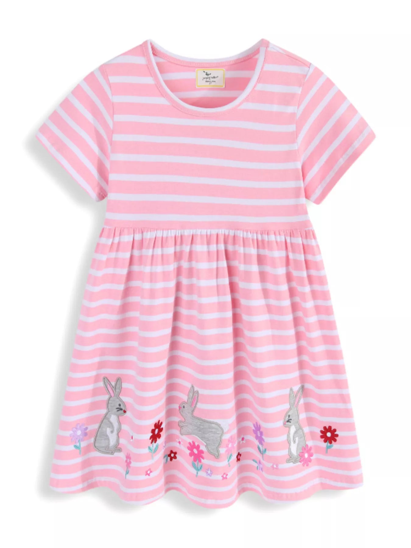 Girls' Striped Bunny Embroidered Dress | Kids Cute Easter & Spring Dress