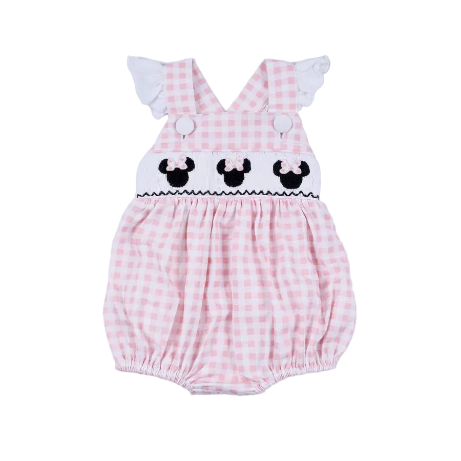 Pink checkered baby romper with cartoon character on a light gray background