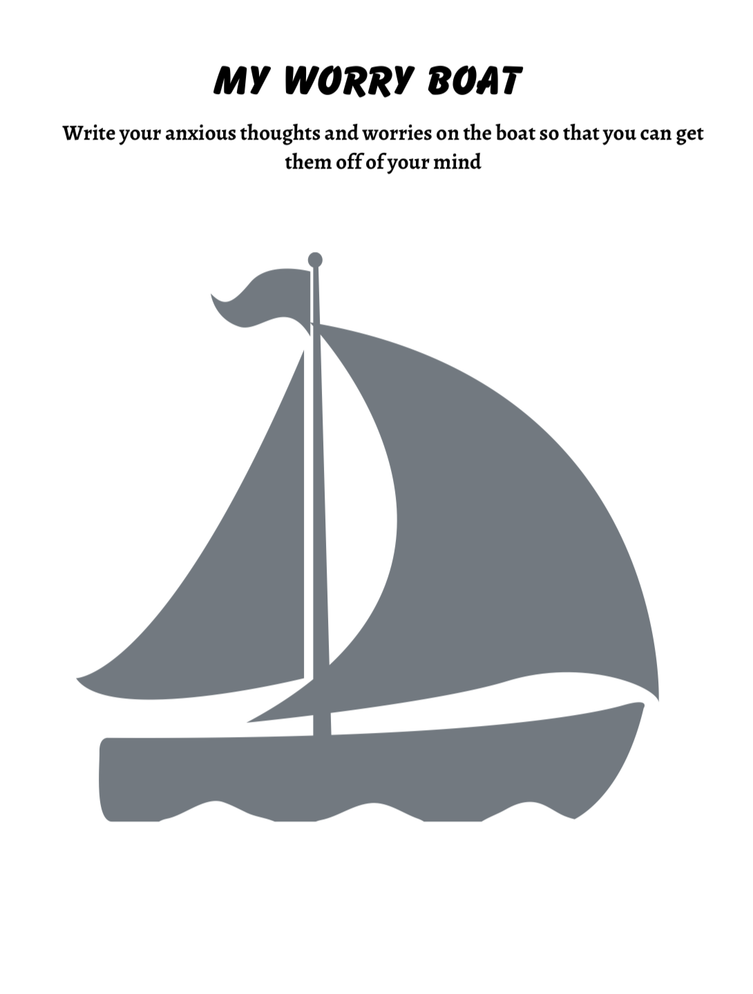 Worry boat worksheet with sailboat illustration and text prompts on a white background.