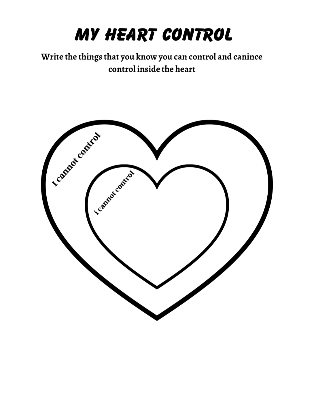 Heart-shaped control sheet with text and a heart outline on a white background