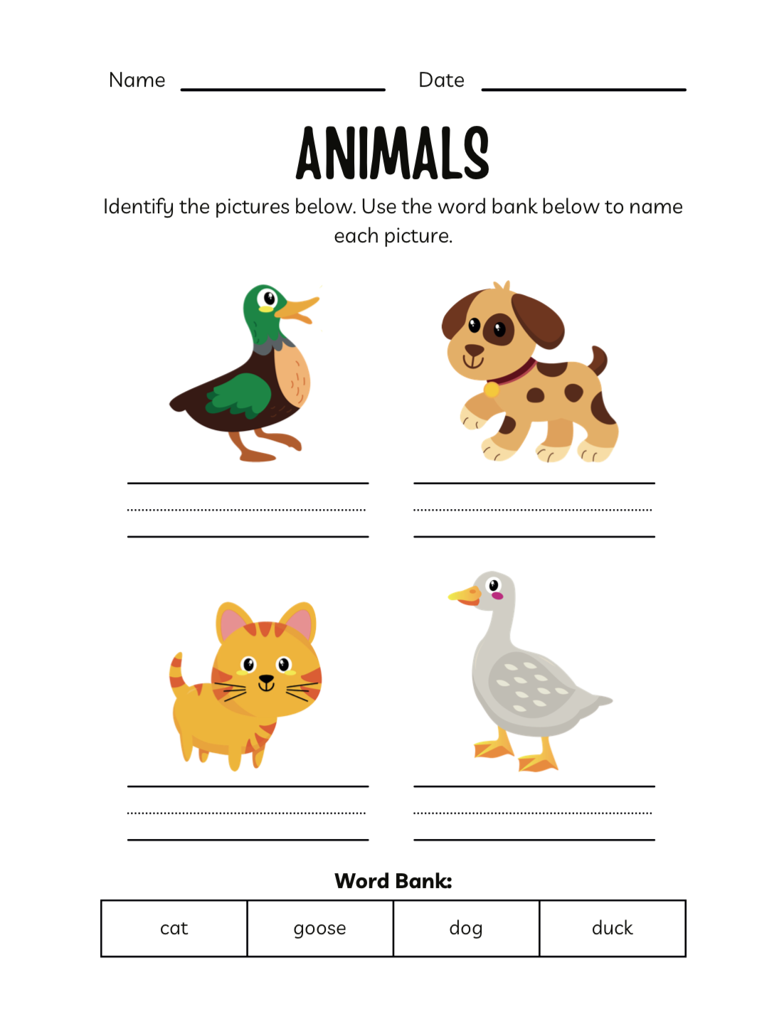 Educational worksheet on animals with images and word bank on a digital device screen.