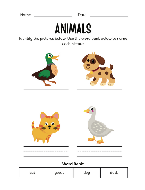 Educational worksheet on animals with images and word bank on a digital device screen.