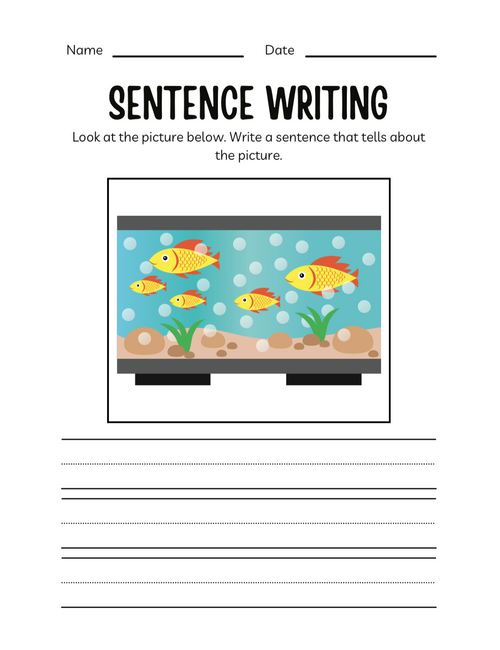 Sentence writing worksheet with an aquarium picture and text box for writing sentences.