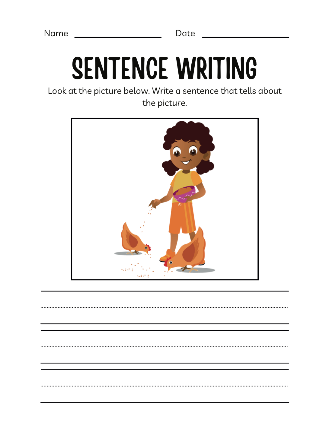 Sentence writing worksheet with a cartoon character and two dogs on a smartphone screen.