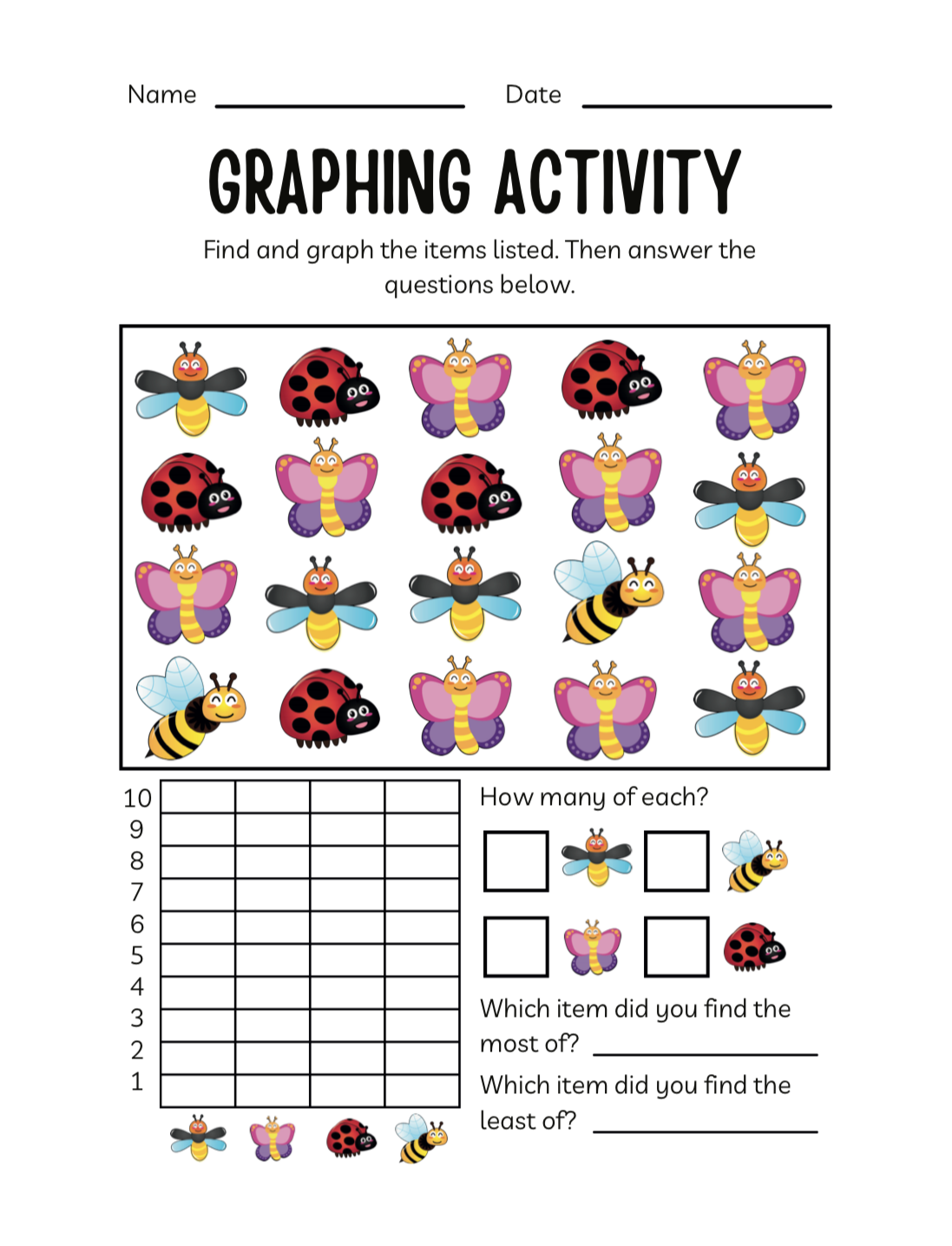 Graphing activity worksheet with illustrations of insects on a smartphone screen.
