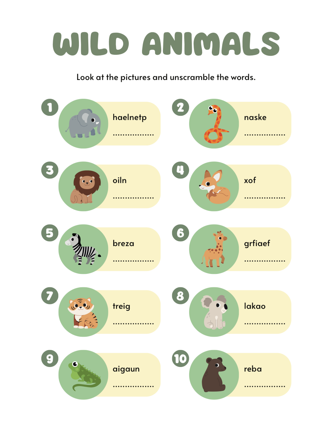 Educational worksheet with wild animals and word matching exercise on a smartphone screen.