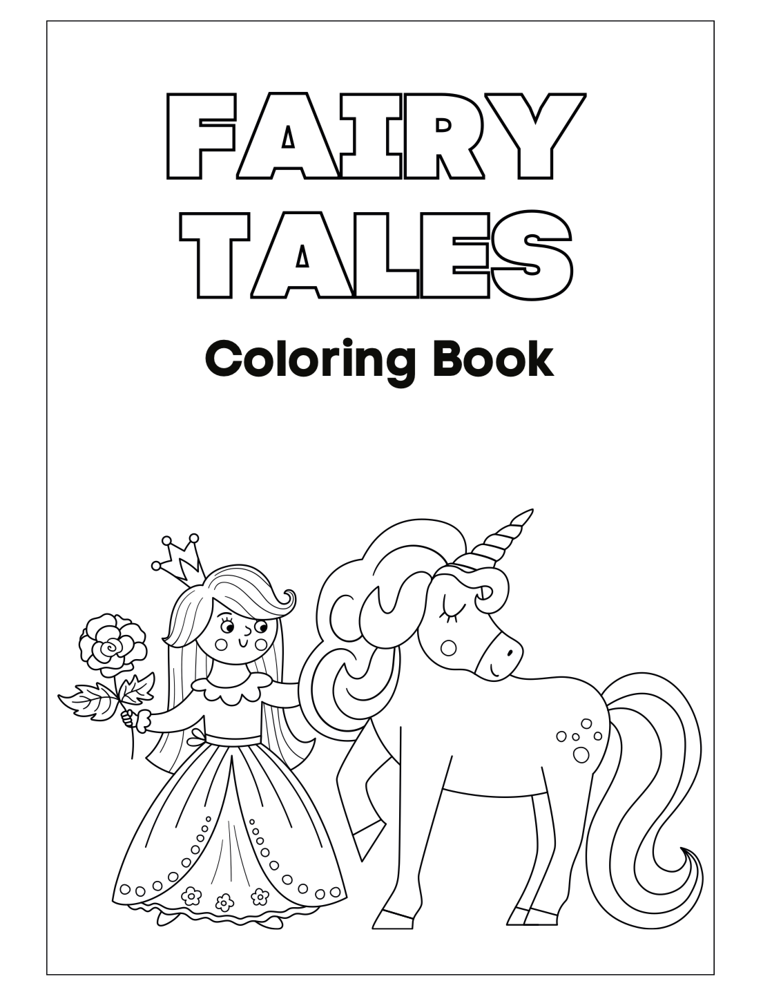 Coloring book with fairy tale-themed pages featuring a princess and unicorn.