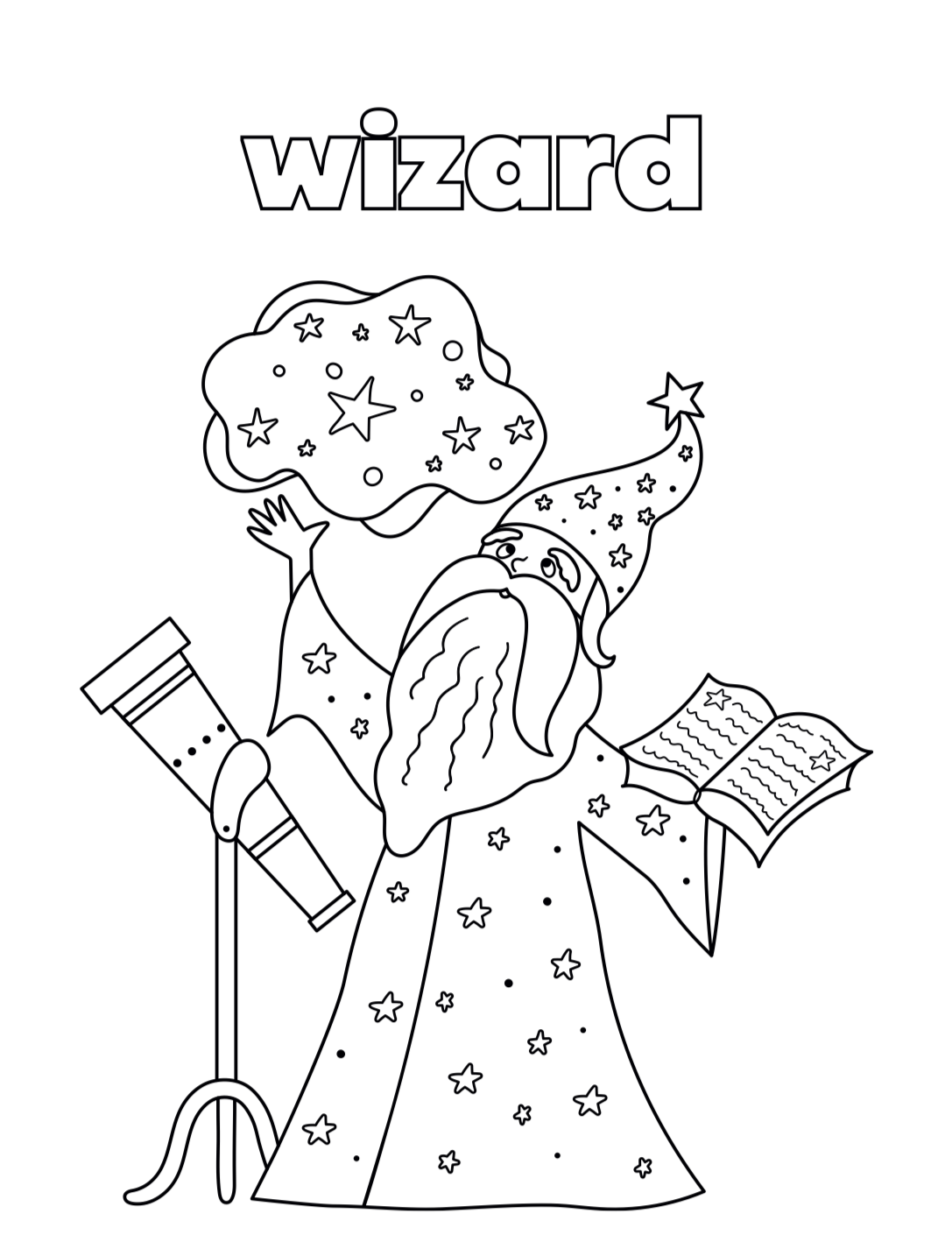 Coloring book page with a wizard and king illustration.