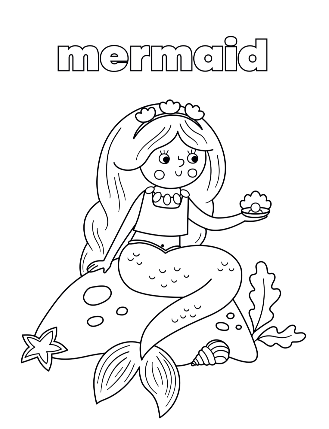 Mermaid coloring page with text labels on a digital device screen.