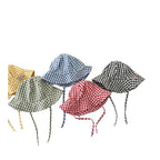 Five gingham checkered hats in different colors on a white background with 'Bolemaer' branding