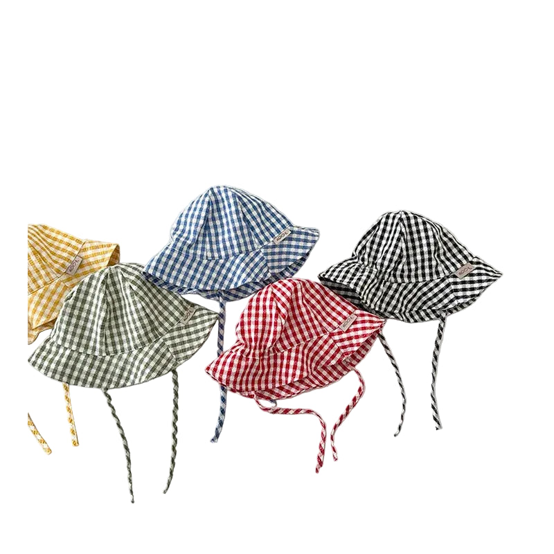 Five gingham checkered hats in different colors on a white background with 'Bolemaer' branding