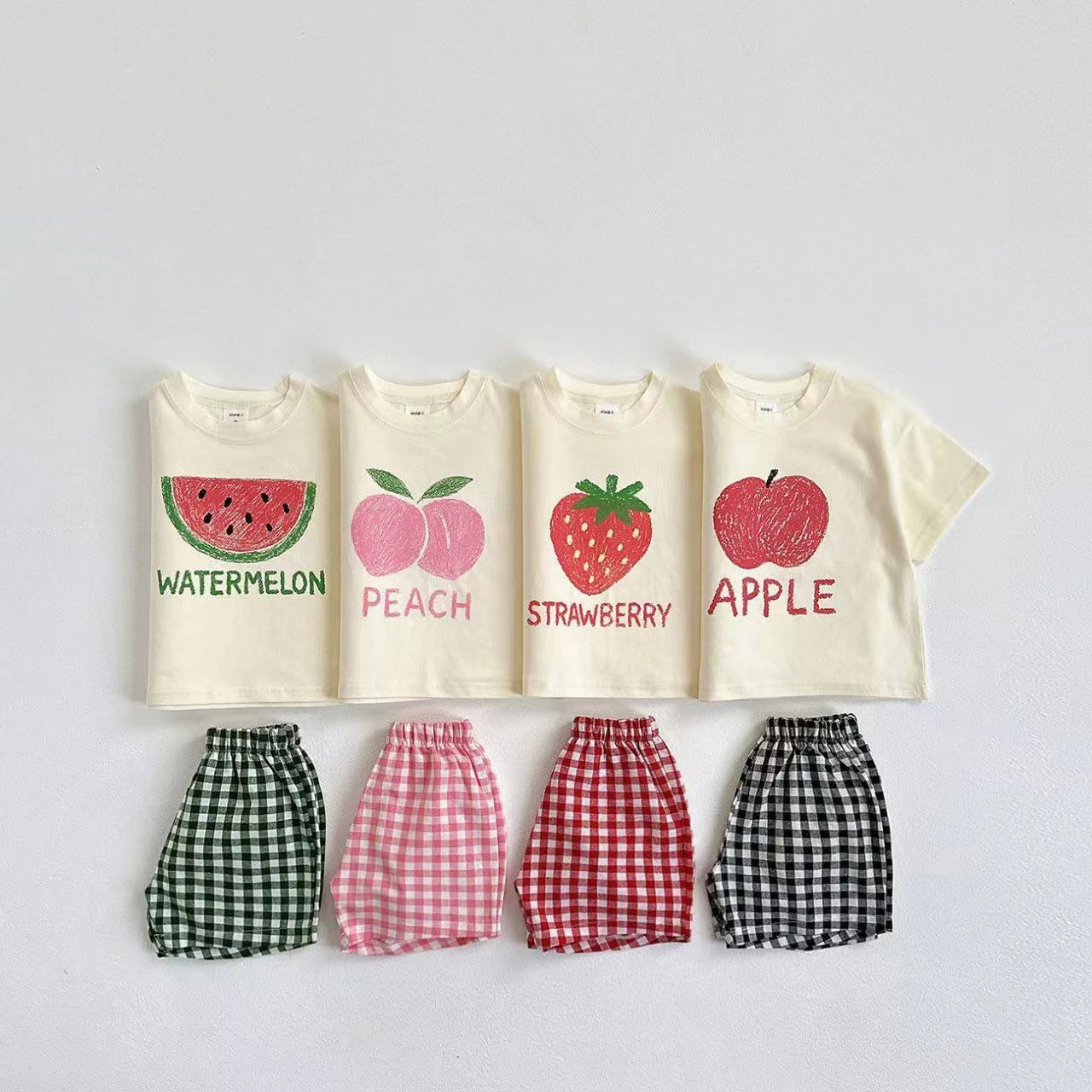 UNFORGETTABLE Korean Style Fruit Tee & Plaid Shorts | Girls & Boys Fashion Outfit 2-Piece
