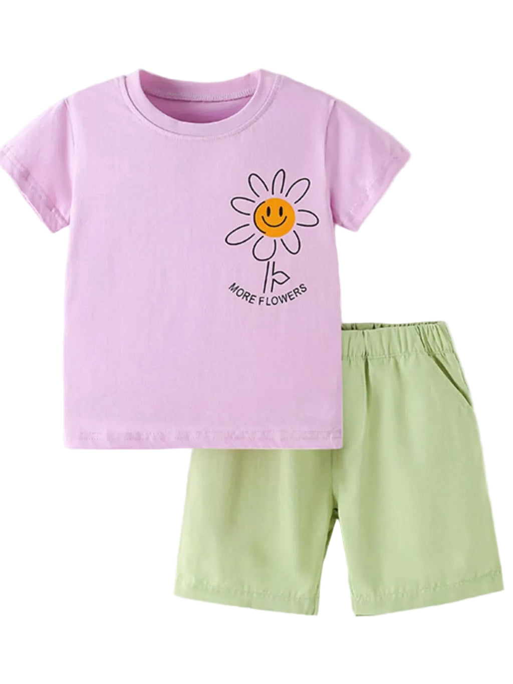 Pink t-shirt with a sunflower design and green shorts on a white background