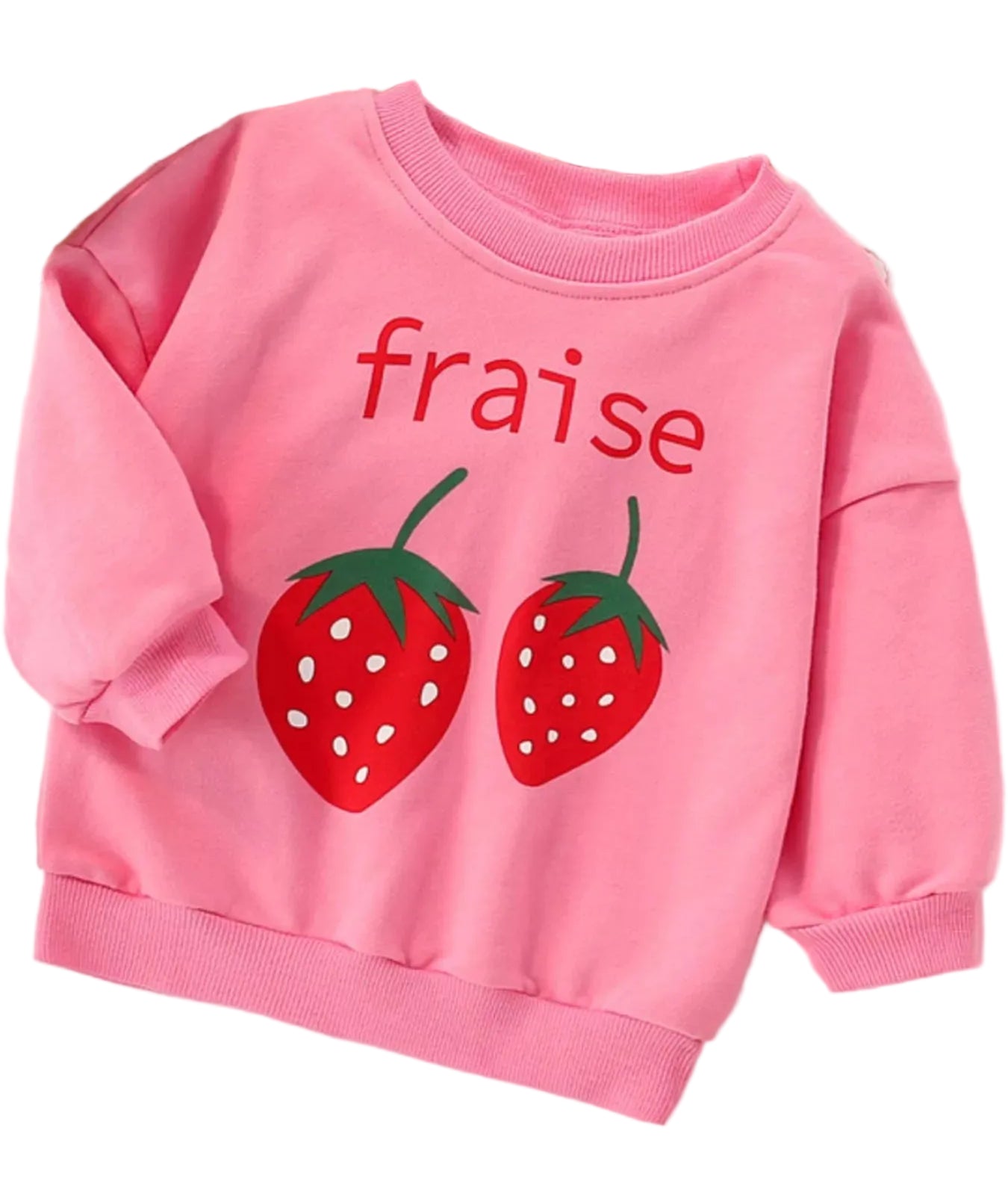 Pink children's sweatshirt with strawberry graphics and 'fraise' text on a light background.