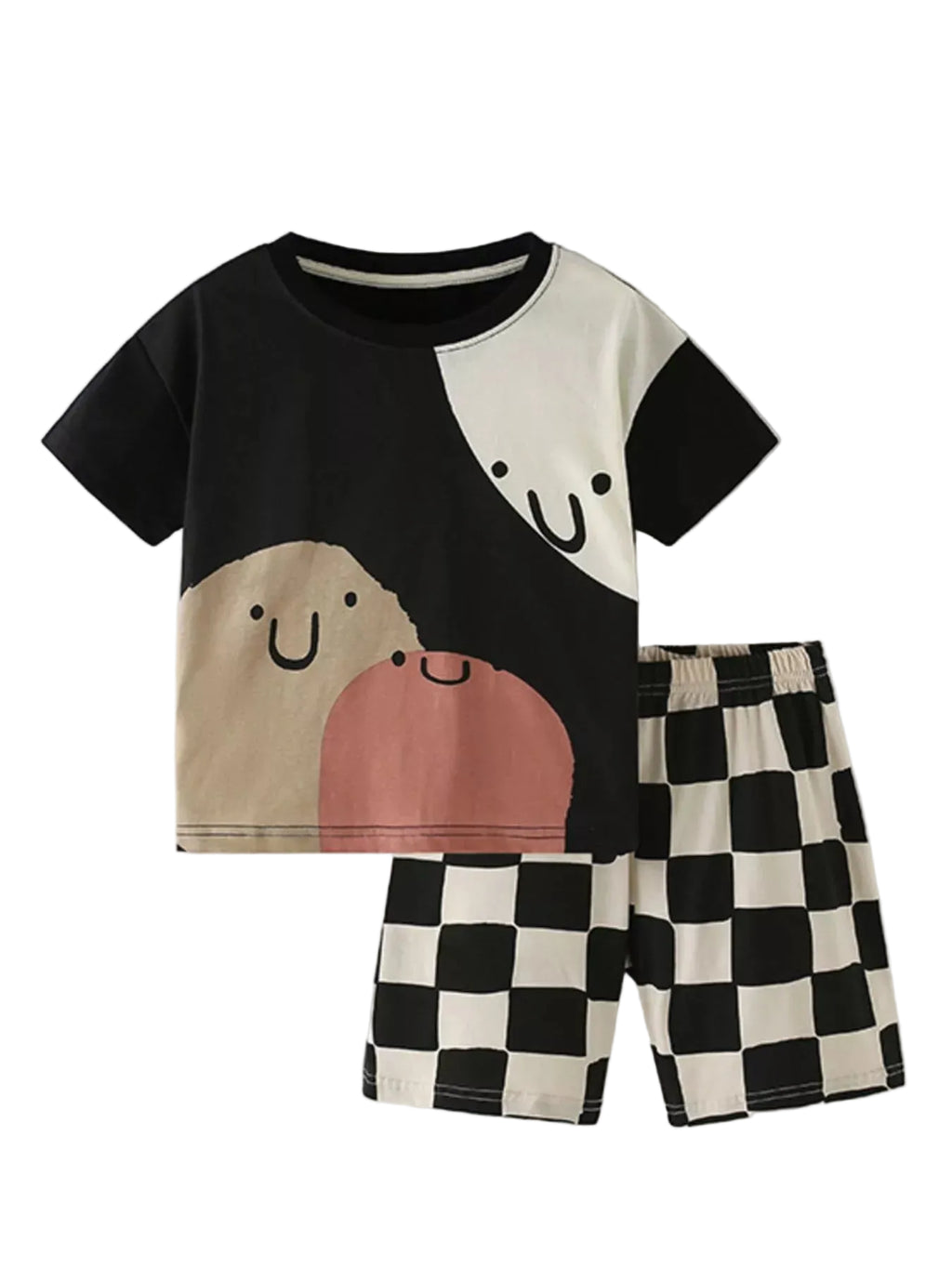 Children's outfit with a black and white shirt and checkered shorts on a light gray background