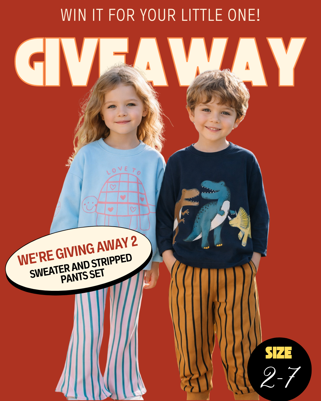 Two children wearing sweaters and striped pants with a giveaway promotion on a red background.