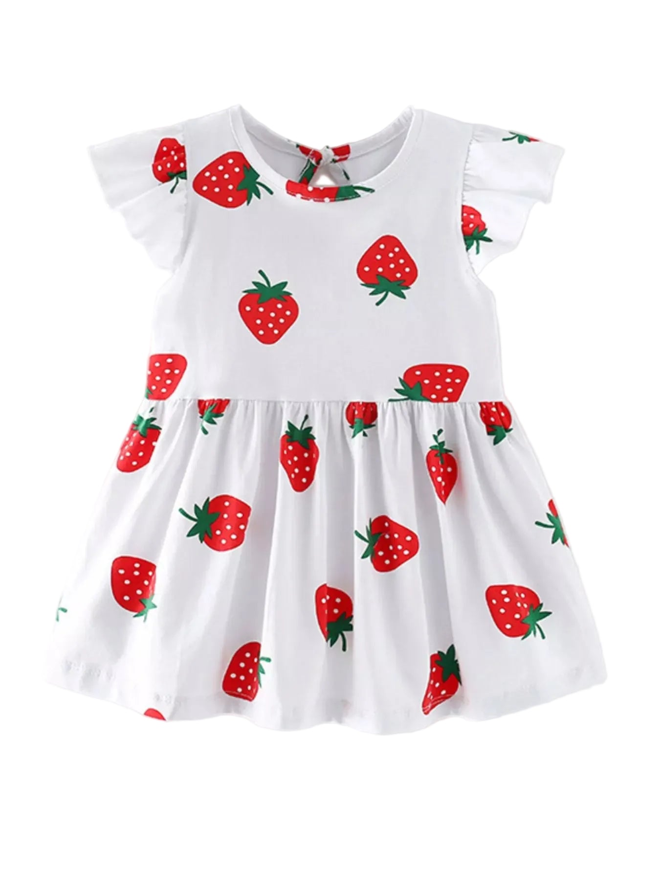 girls-strawberry-print-ruffle-sleeve dress on a white background
